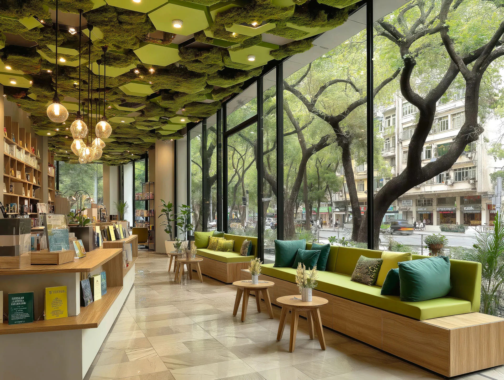 Botanical Sky Buchhandlung Moderne Deckeninstallation — Deckenbegrünung von MOOSMOOS